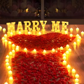 2031 Pcs Marry Me Light Up Letters Proposal Decorations, Marry Me Sign with 24 Pcs Heart Flameless Candles 2000 Pcs Rose Petals for Wedding Proposal Romantic Night Decor