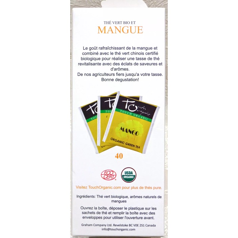 Touch Organic MANGO GREEN Tea Bags, 40 Bags, 2.5 oz