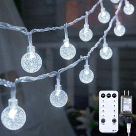 Minetom Crystal Globe String Lights Plug in - 33 ft 100 LED Globe Fairy String Lights with Remote and Timer, Waterproof for Bedroom Tent Loft Bed Window Porch Patio Wedding Party Holiday Decor, White