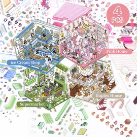 DOINEUFL 4 Sets 3D Sticker Scene, 3D House Sticker Set, Sticker Therapy 3D Stickers, Funny Cartoon Scene Stickers for Adult Kid Relief Stress Pass The Time (with Tweezers) (4)