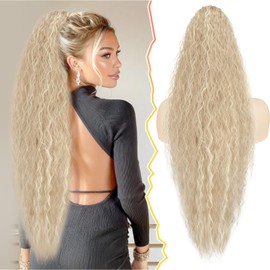 BARSDAR Light Ash Blonde Long Curly Wavy Drawstring Ponytail Extensions – 30 Inch Synthetic Comb Clip in Ponytails Hairpieces for Women, Voluminous Natural Looking Bohemian Ponytail Extension