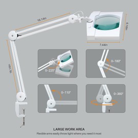 Bemelux LED Magnifying Lamp with Clamp, Over 7 Inches Bigger Magnifier Glass Lens, Metal Swing Arm, 1200 Lumens, Bright 60PCS LEDs - 2.25X Magnification(White)
