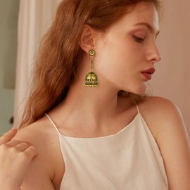 Boho Bell Dangle Jhumka Jhumki Earrings for Women Traditional Tassel Beaded Ball Drop Earring Indian Ethnic Gypsy Dangling Earring Bohemian Oxidized Bollywood Jewelry Gifts Xmas Wedding (Golden)