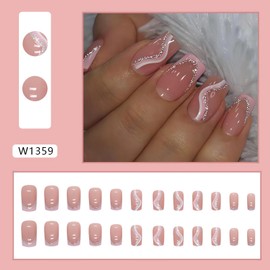 Pink French Tip Press on Nails Short Square Fake Nails with Silver Stripe Design Glossy Valentines Nails Pink False Nails Short Full Cover Acrylic Glue on Nails Spring Stick on Nails for Women 24Pcs