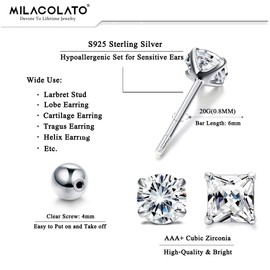 Milacolato Unisex Cubic Zirconia Stud Earrings 925 Sterling Silver Round/Square Princess Cut Cubic Zirconia Screw Back Stud Earrings for Women Men Cartilage Tragus Helix CZ Studs 3MM