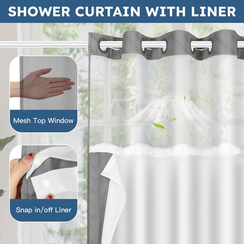FADOTY No Hook Shower Curtain and Snap in Liner Set