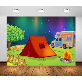 Loccor 8x6ft Fabric Camping Backdrop Red Camping Tent with Campfire Under Night Starry Sky Aurora Background for Outdoor Camping Theme Party Decorations Kids Baby Shower Photo Props