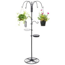 MorningRo Adjustable Shepherd Hook Stand, 34"- 55" Black Iron Shepherd Hook with Base for Plant Hanging, Wind Chime & Bird Feeder - Outdoor Garden Porch Decoration(Elegant Style)