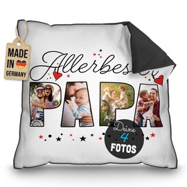 PR Print Royal Personalisiertes Kissen für den allerbesten Papa - mit Collage für 4 Fotos gestalten - Vatertagsgeschenk, Geburtstag, inkl. Füllung, Rückseite Schwarz, 40 x 40 cm
