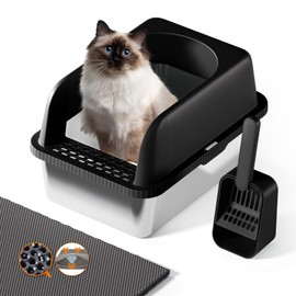 Stainless Steel Cat Litter Box, Extra Large Litter Box for Big Cats, Metal Litter Box with High Side, Open Top Metal Litter Box, Anti-Leakage,Non-Stick, Includes Litter Mat & Metal Scoop,Easy Cleaning