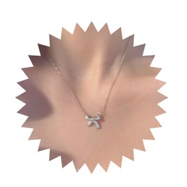 Yheakne Boho Crystal Bow Choker Necklace Cz Bow Pendant Necklace Rhinestone Bow Tie Necklace Silver Bowknot Collar Necklace Jewellery for Women (Silver)