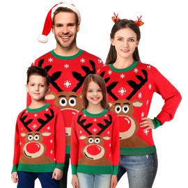 XiaoMoSha Christmas Jumpers for Men, Funny Reindeer Mens Christmas Jumpers Knitted Xmas Long Sleeve Crew Neck Pullover Matching Ugly Novelty Christmas Sweater for Festive Holiday, Men, Red, XL