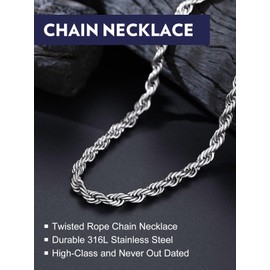 Bandmax Mens 6MM Rope Chain Necklace 22 Inch Solid Stainless Steel Silver Tone Twisted Rolo Chain Fancy Cable Neck Chain for Son Grandson Father Husband BF