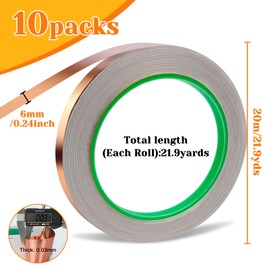 10 Pack Copper Tape with Double Side Conductive Adhesive,Copper Foil Tape Self Adhesive EMI Shielding,Paper Circuits,Electrical Repairs,Guitar Repairs,Grounding,Stained Glass,Crafting(1/4"x21.9yards)