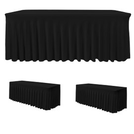 HolidayIdeas Black Spandex Table Skirts for Rectangle Tables 6ft, Fitted Stretch Table Cover 30x72 Inch, Wrinkle-Free Ruffle Design Tablecloths for Banquets,Trade Shows, Parties, Events, 2 Pack