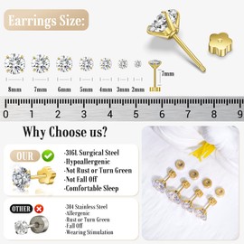 7 Pairs 20G Flat Back Earrings for Women Men, Hypoallergenic Silver 14K Gold Stainless Steel Cartilage Stud Earrings - Bonus Plum Blossom FlatBack Studs for Multiple Piercing Sensitive Ears CZ 2-8mm