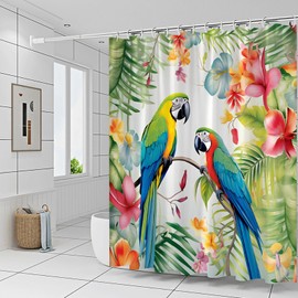 Yadshoti Parrot Shower Curtains Tropical Plant Watercolor Green Leaf Flower Beautiful Bird Animal Pattern Bathroom Decor Polyester Fabric Curtain 70 x 70 Inch with Hooks