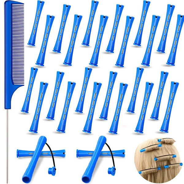 24 varillas de plástico para permanente, rizadores de pelo con peine de acero para cola de rata, herramientas para peluquería (0.35 pulgadas, azul)