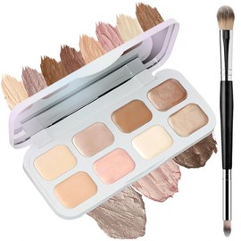 8 Colour Cream Eyeshadow Palette With Brush - Multi-Use Makeup Palette, As Highlighter & Contour, Highly Pigmented, Long-Lasting, Concealer Blendable Makeup Set For Shimmer & Matte Looks