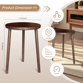 Buzleer Walnut Side Table, Round End Table, Solid Rubberwood Small Accent Table, Drink Table with 3 Legs for Living Room, Bedroom, Balcony, and Small Spaces