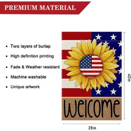 LHSION Patriotic Sunflower House Flag 28 x 40 Inch Welcome 4th of July USA Vertical Double Sided Burlap Flag for Summer Anniversary Outddor Decor