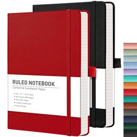 RETTACY Journaling Notebooks, 2-Pack, A5 Lined Notebook Journal with 192 Numbered Pages per Pack, 5.7'' × 8.3'', Medium, Journals for Writing, Leather Hardcover, 100 GSM Thick Paper (Black & Red)