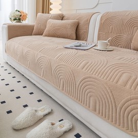 vctops Velvet Plush Couch Sofa Cover Geometric Quilted Sectional Couch Covers Non Slip Fluffy Soft Sofa Slipcover for Dogs, Children, Pets Furniture Protector (Camel,28"x82")