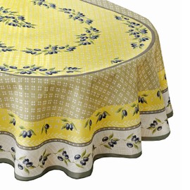 Home Bargains Plus Provence Olivier Yellow and Grey Olive Print Country French Fabric Tablecloth, Indoor Outdoor, Stain and Water Resistant Tablecloth, 60” x 102” Oval