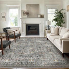 GENIMO 8x10 Area Rugs for Living Room, Machine Washable Boho Vintage Rug Non Slip, Printed Thin Low Pile Lightweight Chenille Carpet Rugs for Bedroom, Dining Room, Home Office,Gray