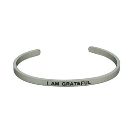 Buddha Groove Personal Affirmation I Am Grateful Engraved Stainless Steel Adjustable Cuff Bracelet | 4 mm Wide with Open Design for Women