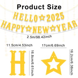Happy New Year Banner, Glitter Hello 2025 Happy New Year Decorations, 2025 New Years Eve Party Gold Bunting Banner Garland, New Year Eve Party Supplies 2025