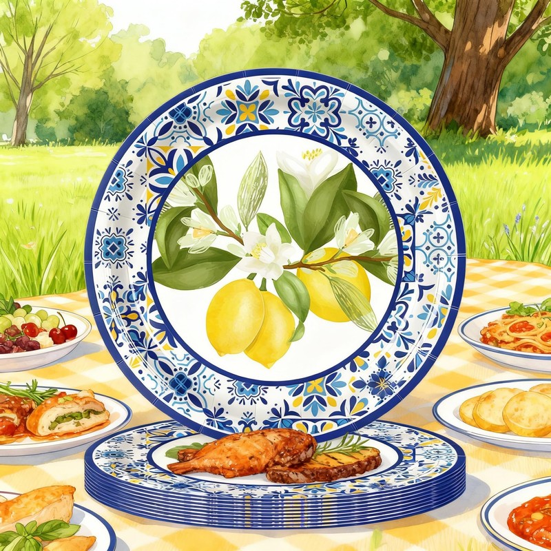 ZRLABL Lemon Floral Disposable Paper Plates, 40 Pack, 9 Inch