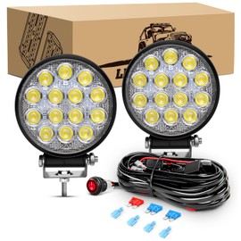 GOOACC 2 PCS 4.5Inch 42W Led Round Lights Off Road led Flood Light 4200LM Driving Roof Pods Lamp Bumper Lights with 16AWG Wiring Harness Kit-2 Leads for Trucks Tractor ATV Jeep, 2 Years Warranty