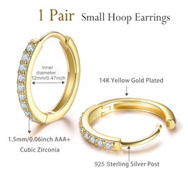 925 Sterling Silver Hoop Earrings,12mm Hypoallergenic Huggie Small Hoop Earrings with AAA+ Cubic Zirconia for Women Girls, Sleepers Hoop Earrings in 3 Colors(Silver/Gold/Rose Gold)