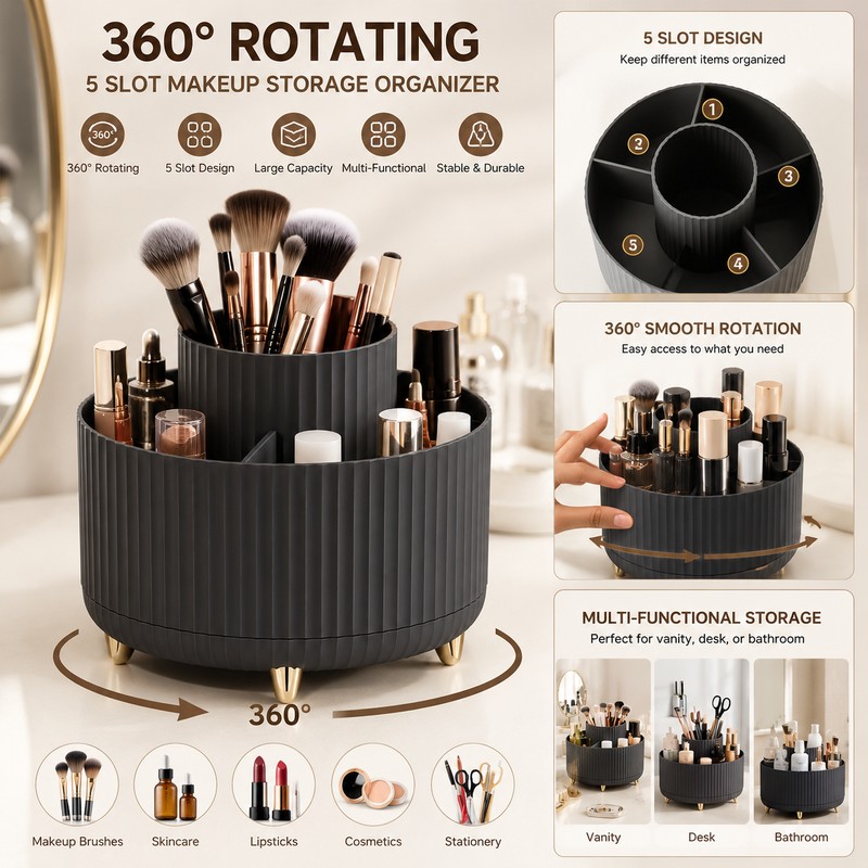 Rotating Makeup Brush Holder Organizer for Vanity Storage – 360°