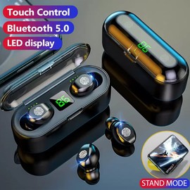 eDealz Fully Wireless Bluetooth 5.0 Rechargeable IPX7 Waterproof Earbud Headphones w Microphone, 2000mAh USB Smart Dual Charging Case/Stand Surround Stereo Bass and Passive Noise Cancelling (Black)