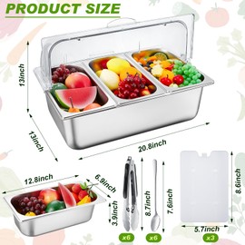 Tessco for you 1 Set Countertop Chiled Ice Food Serving Display Container Condiment Dispenser with Lid Stainless Steel Serving Tray with Clamps Spoons Ice Box for Restaurant Kitchen (3 Compartments)