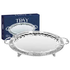 Silver Plated Menorah Tray with Handles - 16 Inch x 12 Inch - for Shabbos, Yom Tov, Hanukkah Drip Tray - Large Oval Silver Tray - Ner Mitzvah