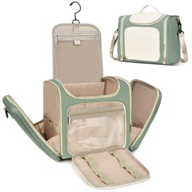 LOKASS Toiletry Bag for Women, Travel Makeup Cosmetic Bag with Hanging Hook for Shampoo Toiletries Full-size Container, Water-resistant Travel Organizer Bag Gift for Women (Large, Light Green)