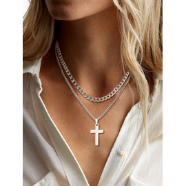 Supcare Men's Cross Necklace, Stainless Steel Fashion Cross Pendant Cuban Chain Jewelry 56+5cm, Minimal Cross Gifts