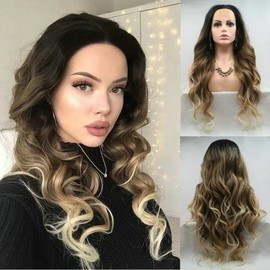 26" Long Body Wave Wig Dark Roots Ombre Brown Blonde with Tips Synthetic Lace Front Wigs for Women 3 Tone Color Heat Resistant Daily Party Natural Blonde Ombre Flaxen Wigs