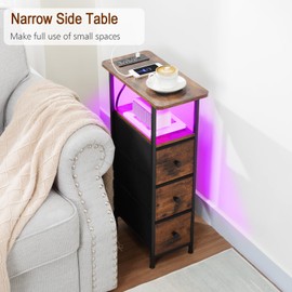 LOAKEKEL Narrow End Table Living Room with Charging Station, Skinny Side Table with Fabric Drawers, Slim LED Nightstand for Bedroom, Small Spaces, Couch, Brown, HETNDP03LBR-1