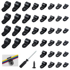 Nadisean 161 Pcs R Type Cable Clips Black with Screws & Screwdriver 8 Sizes Nylon P Clips 1/8 3/16 1/4 5/16 3/8 1/2 5/8 3/4 Wall Cable Clips Outdoor for Electrical Cable Wire Conduit Cable Management
