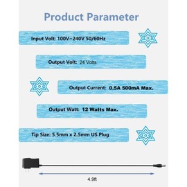 24V 0.5A Power Supply 100-240 50/60Hz AC to DC 24V Power Cord Adapter, 24Volt 500mA Universal Transformer, 5.5mm x 2.5mm Plug & 10 Tips