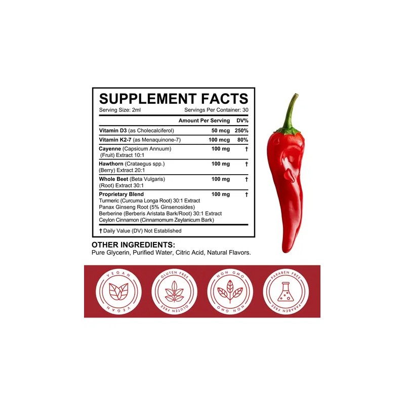 Suplemento Líquido Herbales Cayena Espino Remolacha K2 D3 60mL Vortexonix