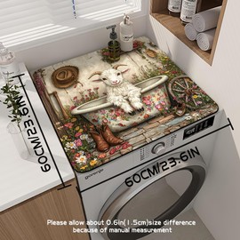 Nouiroy Flowers Washer Dryer Dust Cover Mat For Top Creative Washing Machine Dust Cover Pad Fast Drying Absorbent Mat Top Protector Mat for Kitchen Laundry Room (Bathing Goat, 23.6 * 23.6'')