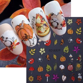 1 Sheets Embossed Fall Nail Stickers for Nail Art Pine Cone Mushroom Maple Leaf Nail Art Stickers Autumn Cotton Pumpkin Nail Decals 5D Self-Adhesive Thanksgiving Nail Design Decals for Women