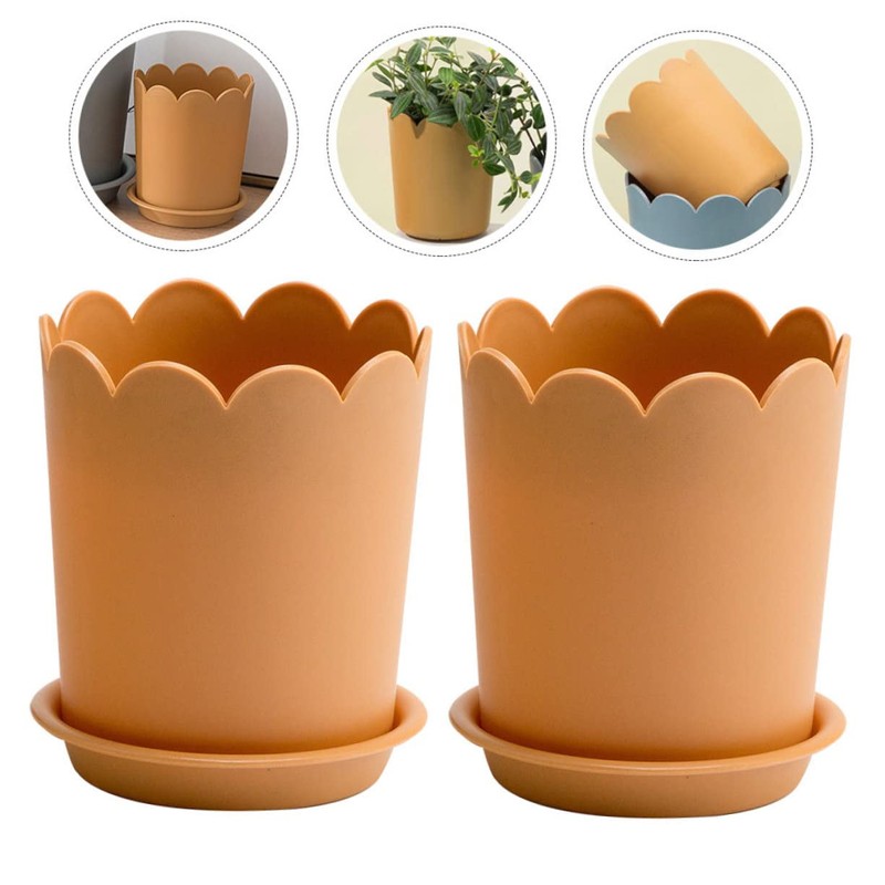 Sosoport 10sets Breathable Plastic Flowerpots with Tray Scalloped Design Nursery