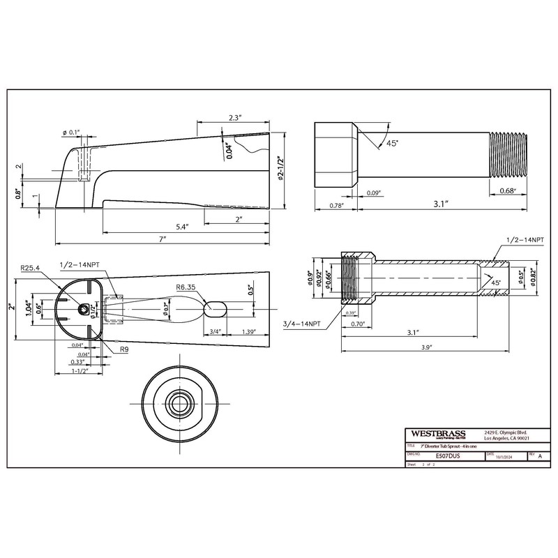 Westbrass E507DUS-62 Universal Fit 7" Diverter Tub Spout, Zinc, Matte