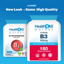 Health4All Vitamin B3 Niacin as Nicotinamide (Niacinamide) 500mg 180 Capsules, Purest, No Additives, Vegan, Gluten Free No-Flush Niacin VitB3 Capsules | Made in UK